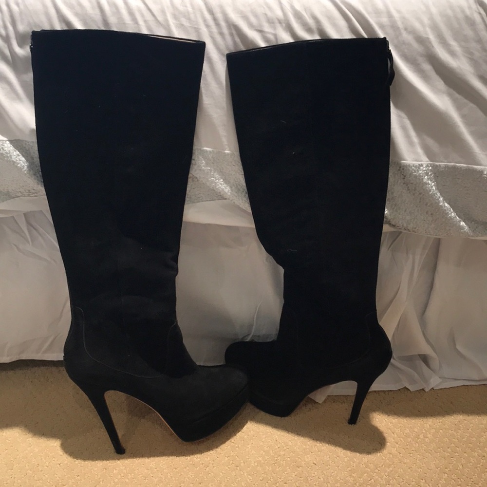 Black suede high heeled boots